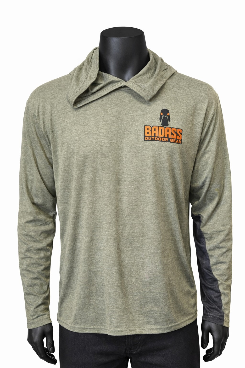 Green long-sleeve shirt with 'BADASS' logo on a mannequin against a white background